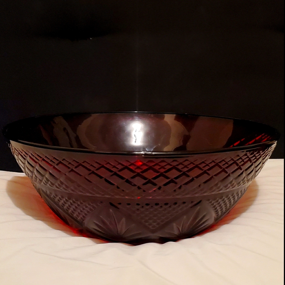 Ruby red large salad serving bowl etched glass
